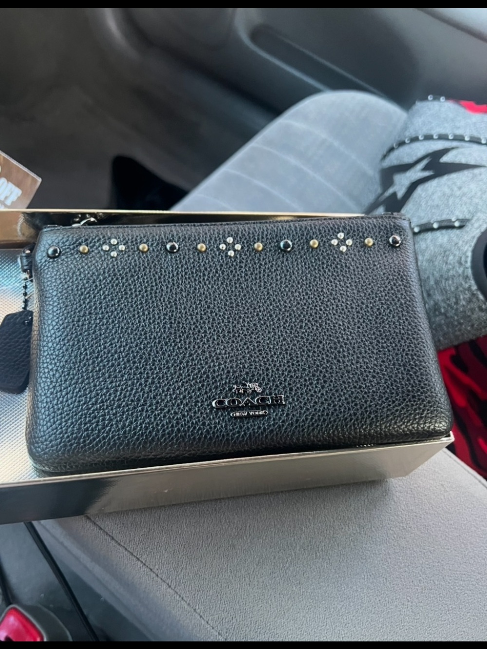 Coach Black Pebbled Leather Wristlet with Mixed Stud Accents